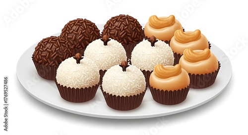 “realistic cartoon plate of assorted mini Brazilian doces — brigadeiro, beijinho, cajuzinho — glossy textures, isolated on white background”