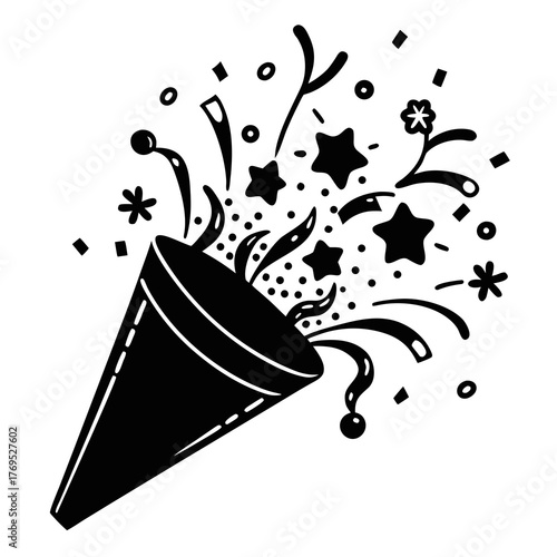 Black and white confetti popper exploding with stars and streamers