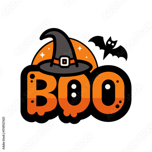 Cute halloween boo with witch hat and bat
