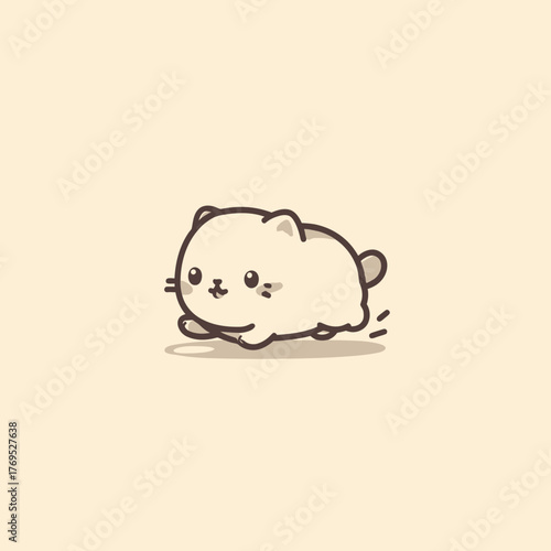 Adorable kawaii style fluffy cream-colored cat character scurrying or running with a happy expression, isolated on a simple pastel background.