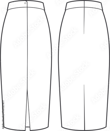 Technical flat sketch, high waisted pencil skirt with slit and button closure, front and back view, fashion illustration, garment construction
