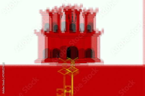Stylized depiction of a national flag, employing a limited palette and digital art techniques to create a layered effect of a castle and a key over a red and white background on a