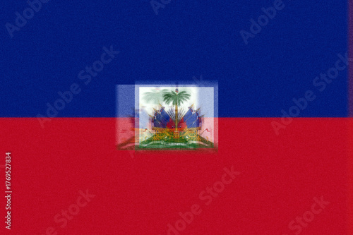 A textured rendering of national pride presents the flag of Haiti, divided horizontally in bold blue and vibrant red, with the national emblem ghosted in the center to give texture and