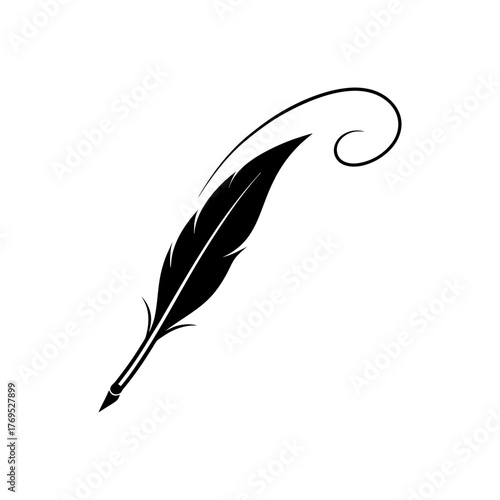 Elegant black feather quill with swirling ink stroke