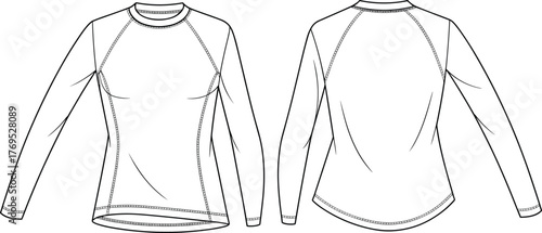 Technical flat sketch, long sleeve athletic shirt, raglan sleeve design, front and back view, fashion illustration, garment construction, apparel template