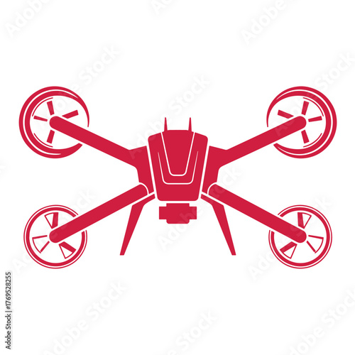Red quadcopter drone with camera mount icon silhouette aerial vehicle