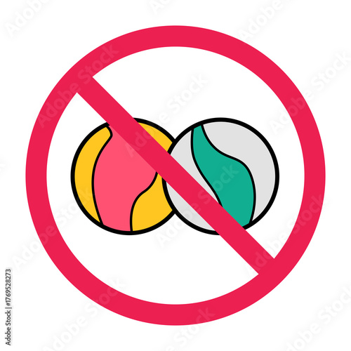 No marbles ball sign, forbidden sign with marble ball icon, marble ball prohibited symbol, do not play marbles toy, red crossed circle symbol, flat vector illustration