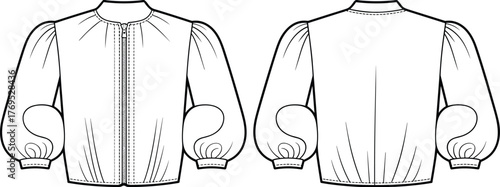 Technical flat sketch, long sleeve blouse, puff sleeves, round neckline, front zipper closure, gathered waist, fashion garment drawing, apparel  