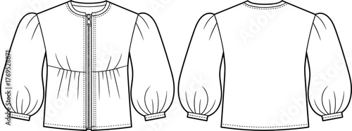  Technical flat sketch, long sleeve blouse, puff sleeves, round neckline, gathered bust, flared silhouette, fashion garment drawing, apparel design, front back view