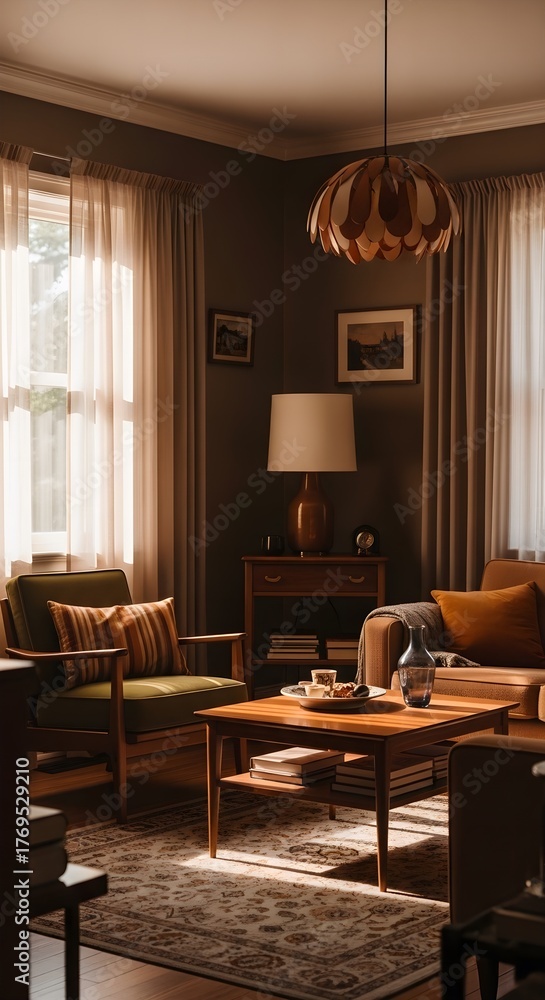 Fototapeta premium Cozy Vintage Living Room with Warm Film Tones and Soft Natural Light