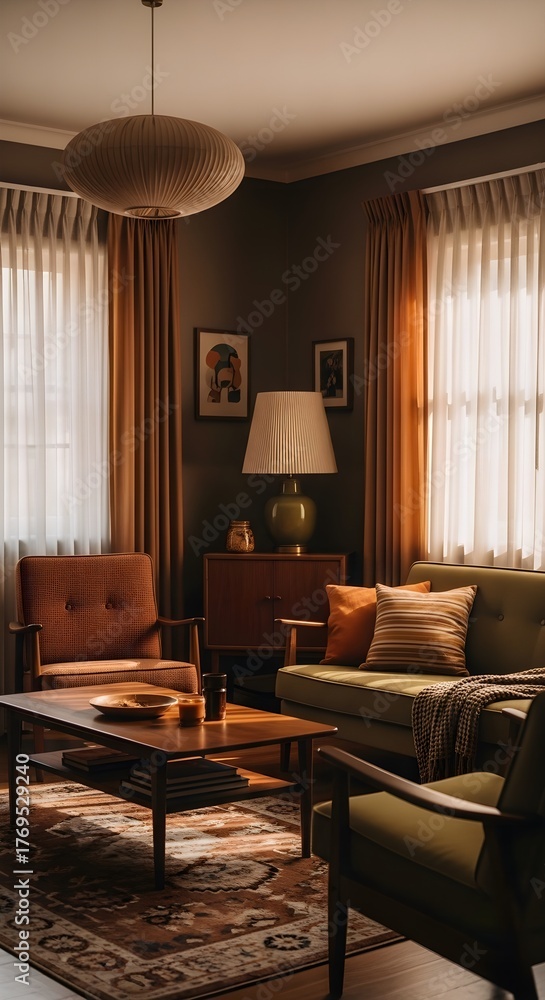 Fototapeta premium Cozy Vintage Living Room with Warm Film Tones and Soft Natural Light