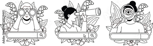 Three people searching with binoculars telescope and magnifying glass