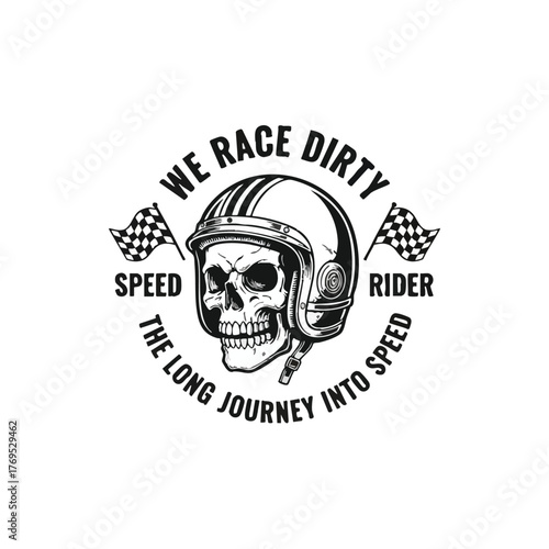 A powerful retro-style motorcycle helmet skull emblem showcasing speed, the thrill of the race, and a rider's long journey