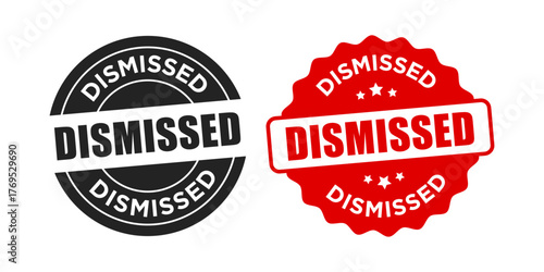 Dismissed Rubber Stamp Vector Design Set. Red and Black Round Rejected Label Badges for Official Documents and Business Use. 