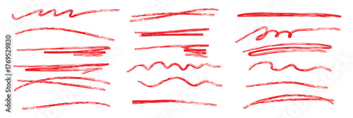 Line marker red underline set. Hand drawn red pen and brush stroke with underline accent, swoosh detail and squiggly sketch mark. Scribble texture and curved paint tail. Vector illustration