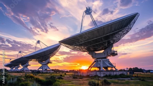 Large satellite dishes against a dramatic sunset sky in an open field