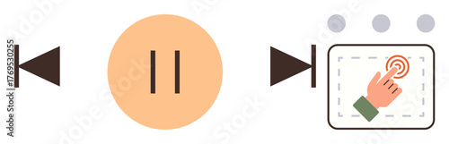 Play, pause, rewind, and interactive touch controls illustrating user interaction in digital media. Ideal for technology, streaming, UI design, innovation, user interaction communication education