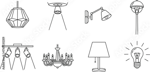 Various types of lighting fixtures including lamps and chandeliers line art