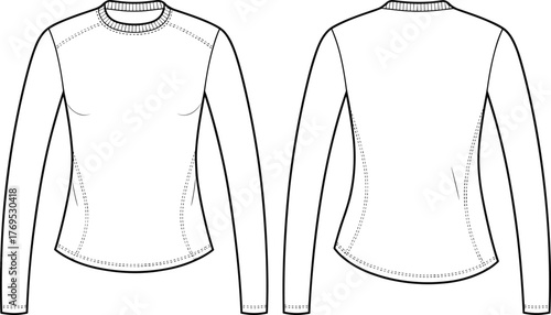 Technical flat sketch, long sleeve fitted shirt, crew neckline, set in sleeves, bust darts, curved seams, fashion garment drawing, apparel design