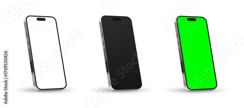 A set of realistic mobile phone mockup with green screen, black and white display. Modern smartphones for advertising and user interface design. Social media template. Vector illustration