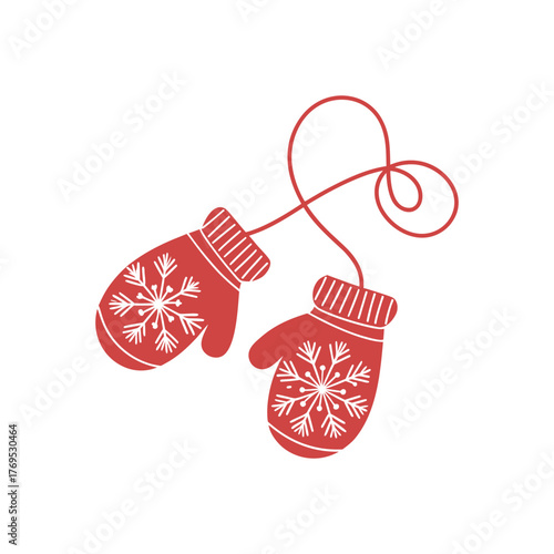 Red mittens with snowflakes and string