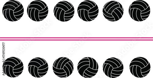A dozen black volleyballs arranged in two rows with a pink line between