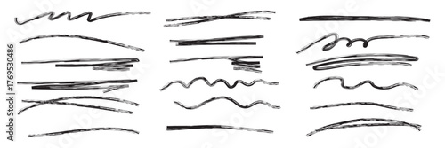 Line marker red underline set. Hand drawn red pen and brush stroke with underline accent, swoosh detail and squiggly sketch mark. Scribble texture and curved paint tail. Vector illustration