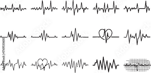 Collection of black electrocardiogram waveforms and heartbeats on white background.