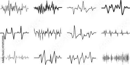 Collection of black line graphs depicting various waveforms on white background.