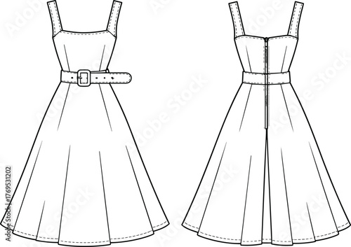 Technical flat sketch, sleeveless dress, square neckline, fitted bodice, belted waist, flared skirt, vintage style, fashion garment drawing, apparel design
