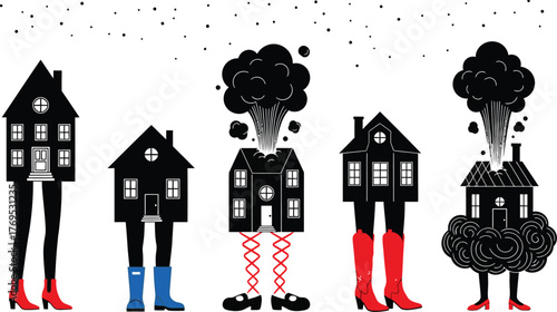 Houses with legs and shoes in a row with smoke coming out of roofs