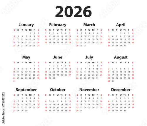 This is a full year 2026 calendar showing all twelve months in a clean, grid format. Weekends are highlighted in red for easy date tracking.