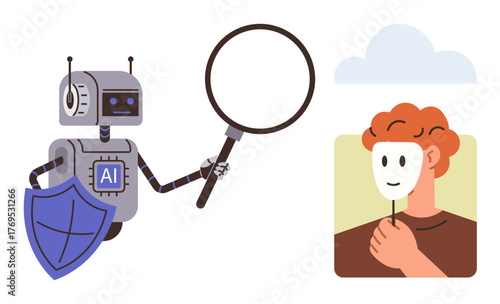 AI robot holding magnifying glass examining a person hiding behind a mask. Ideal for cyber security, AI ethics, digital fraud, identity verification, privacy, online trust, simple flat metaphor