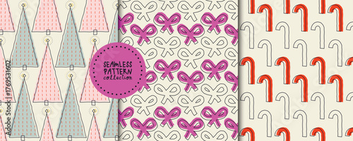 Set. Collection. Seamless patterns with fir trees, bows, and lollipops. Backgrounds. Textile, fabric, wrapping paper, print template