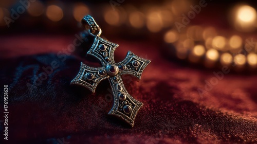 Wallpaper Mural Ornate cross pendant glimmers softly under warm ambient light on deep burgundy fabric Torontodigital.ca