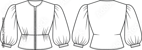 Technical flat sketch, women blouse, puff sleeves, round neckline, cinched waist, front seam, tailored silhouette, fashion garment drawing, apparel design, flat view