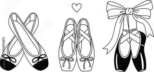 Three pairs of ballet shoes on a pink background with a small heart