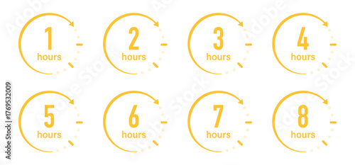 Set of hours icons with circle arrows. Clock hands 1, 2, 3, 4, 5, 6, 7, 8 hours. Stopwatch symbols. Delivery time icon set. Service time, isolated on white. Vector illustration