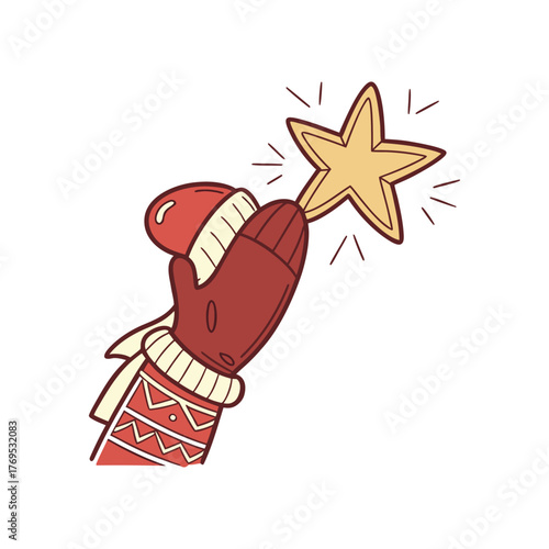 Hand in a cozy winter mitten reaching for a glowing star