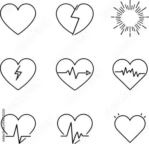 Grid of Nine Black and White Heart Icons Featuring Cracked, Radiating, and ECG-Infused Designs Symbolizing Emotion, Health, and Energy in Minimalist Line Art Style