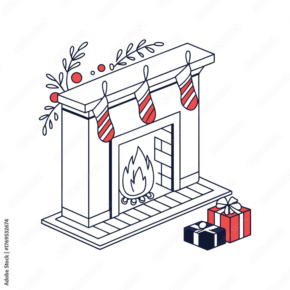 Fototapeta premium Cozy christmas fireplace with stockings and gifts isometric illustration