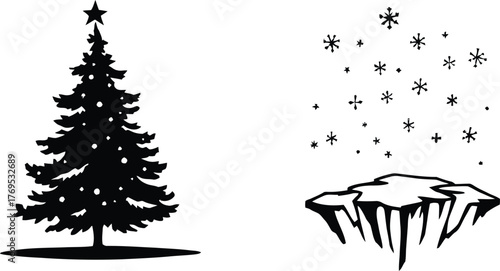 Black and white vector illustration of Christmas tree and snowy landscape with falling snowflakes in festive winter theme