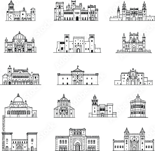 Black and white vector icons of historical architecture including domes towers arches and facades in global cultural styles