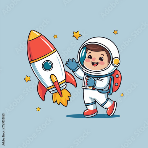 A charming illustration of a joyful astronaut tossing a small rocket into the air, surrounded by fluffy moon bunnies who hop around in excitement, with colorful planets visible in the sky.