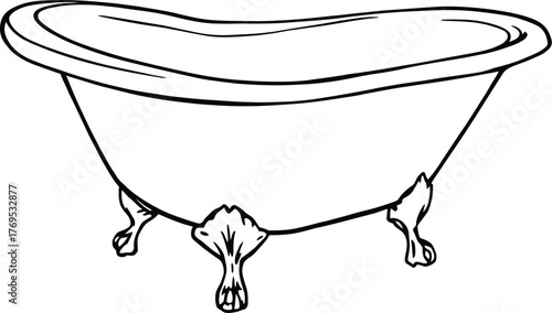 Black and white vector illustration of vintage clawfoot bathtub in minimal style for classic bathroom and interior design