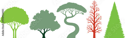Five stylized trees of different shapes and colors in a row format