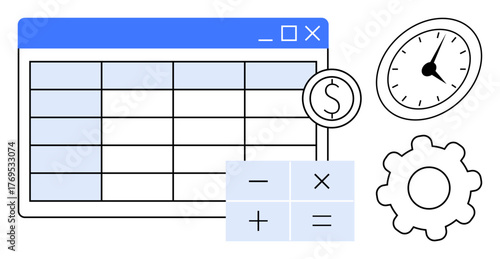Spreadsheet interface, dollar icon, calculator functions, clock, and gear symbolizing financial management, time tracking, calculation, data analysis, project management productivity and process