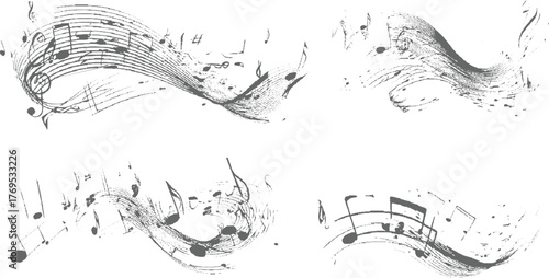 Abstract gray musical notes and staves flow dynamically across white background in wavy artistic design.