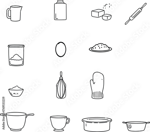 Black and white vector icons of kitchen and baking tools including whisk rolling pin measuring cup egg bowl and saucepan