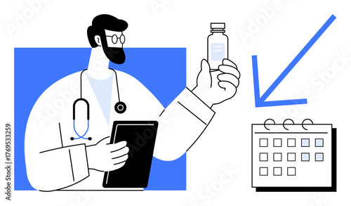 Doctor with stethoscope and tablet examines a medicine bottle while a calendar and arrow represent scheduling. Ideal for healthcare, appointments, medicine, productivity, planning, reminders